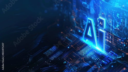 Blue AI text with digital and futuristic elements glowing in the dark, artificial intelligence banner technology, data science and innovation web internet cyber space.