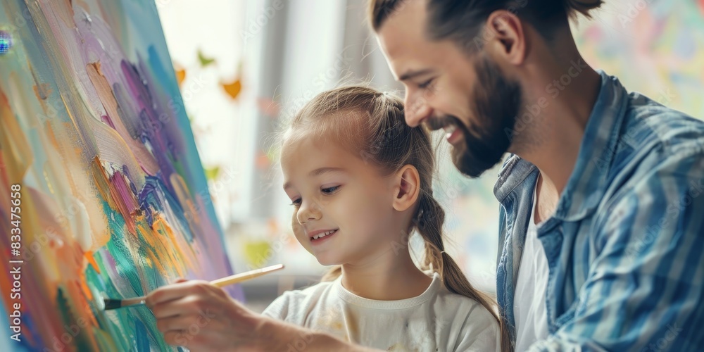 Father and daughter painting together in the studio Father and daughter painting together in the studio