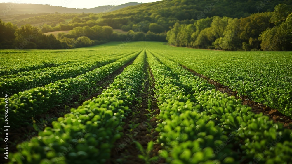 Panoramic view of lush lentil fields, vivid verdant greenery stretching endlessly, vibrant sunlight casting gentle shadows, photorealistic detail, serene and bountiful landscape Panoramic view of lush lentil fields, vivid verdant greenery stretching endlessly, vibrant sunlight casting gentle shadows, photorealistic detail, serene and bountiful landscape