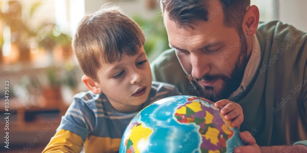 Father and son looking at globe together. Father and son looking at globe together.