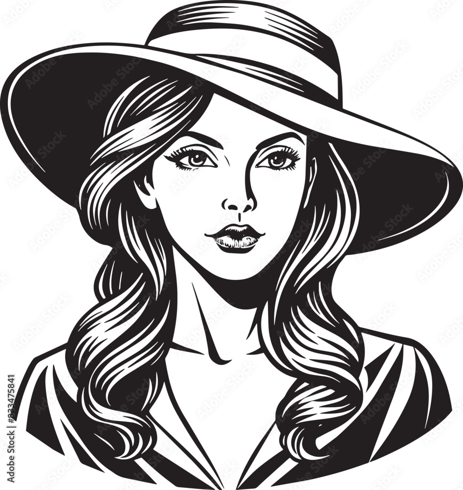 Cute girl with hat black and white illustration Cute girl with hat black and white illustration