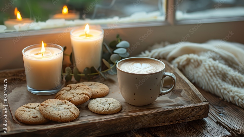 Burning candles a cup of coffee and cookies displayed on a wooden tray Burning candles a cup of coffee and cookies displayed on a wooden tray