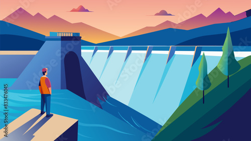 As I stood atop the towering dam overlooking the hydropower canal I couldnt help but feel in awe of the power and potential harnessed by this. Vector illustration