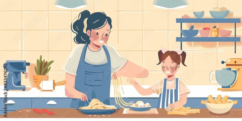 Little helper. Mom and daughter cooking together in kitchen. Vector illustration. Little helper. Mom and daughter cooking together in kitchen. Vector illustration.