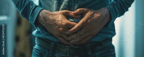 Close-up of a person holding their stomach, wearing a casual outfit. Concept of pain, discomfort, or digestive health issue. photo