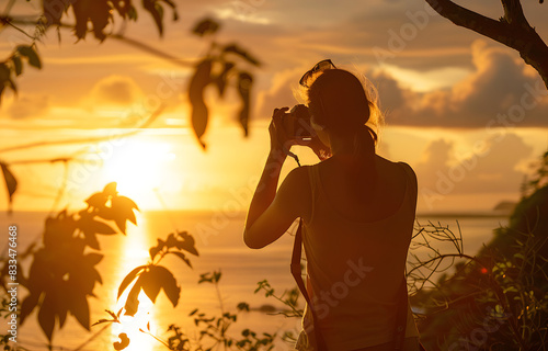 A photographer capturing the stunning sunset by the sea, framed by lush foliage. The image highlights the beauty of nature and the passion for photography, set against the backdrop of a golden evening