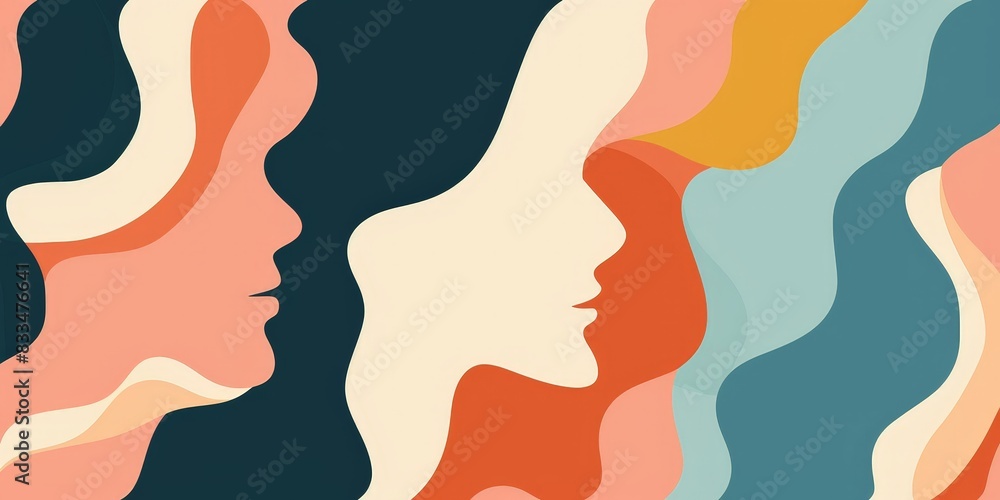 The image is a drawing of several women's face in profile. The colors are bright and the lines are simple.