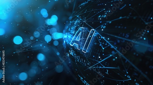 Blue AI text with digital and futuristic elements glowing in the dark, artificial intelligence banner technology, data science and innovation web internet cyber space.