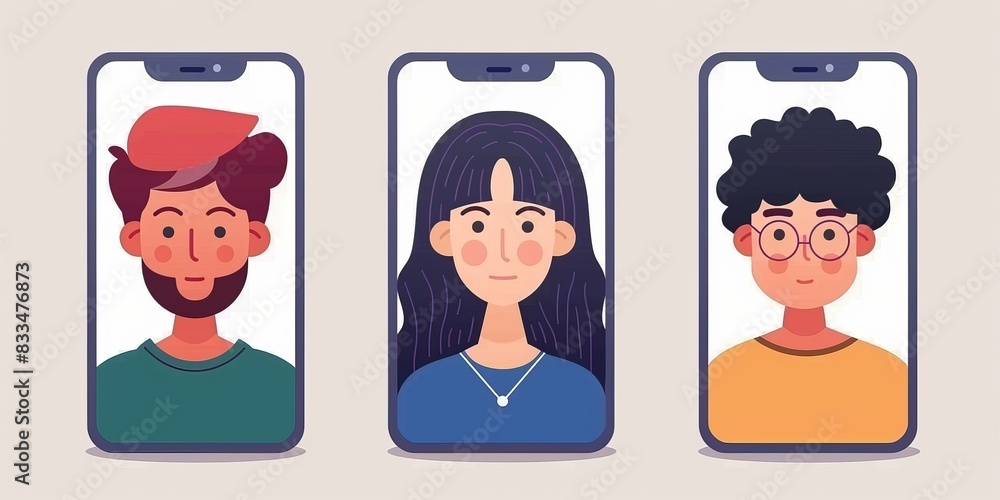 Three people of different races and genders are talking on a video call. Three people of different races and genders are talking on a video call.