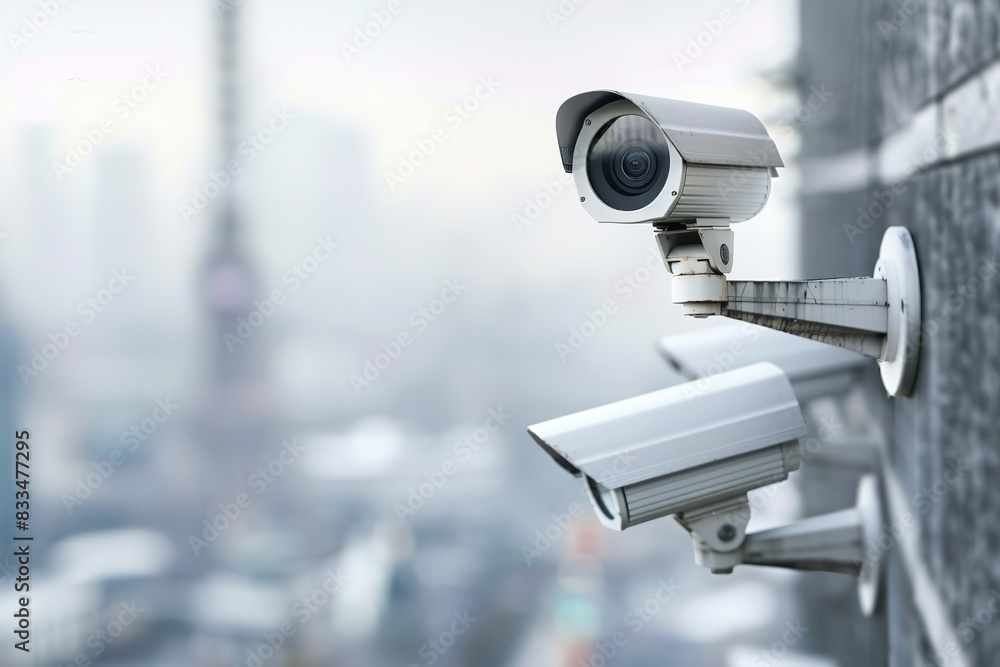 Security cameras on building wall with blurry city background