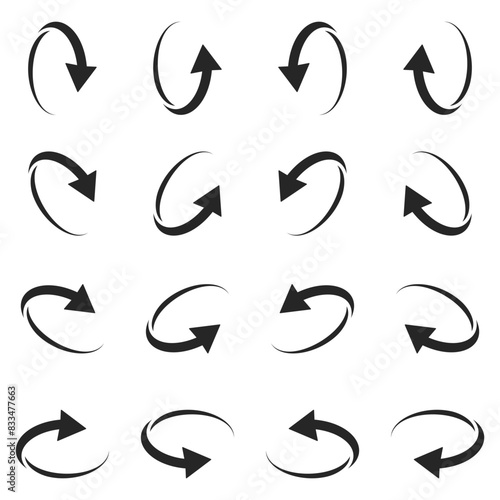 Collection of black flat loop circle arrows isolated on a white background. Simple arrow marks icons for logo, app, infographic, UI, design, manual, app, or presentation. Vector illustration