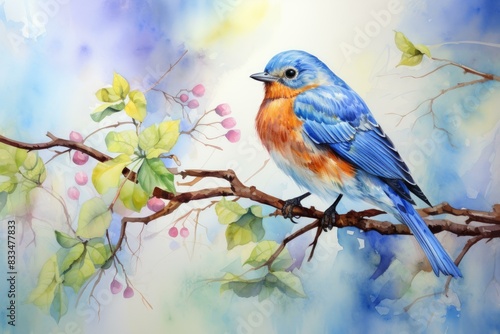 Vivid and artistic watercolor depiction of a colorful bluebird amidst a serene backdrop of foliage and berries