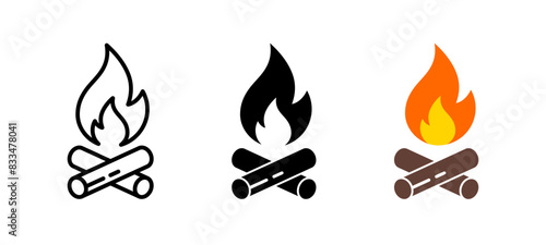 Campfire icon. Fireplace symbol. Bonfire vector illustration. Firewood logotype.