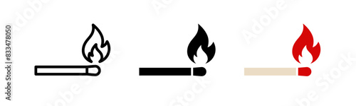 Match icon set. Matchstick burning illustration. Flammable symbol.