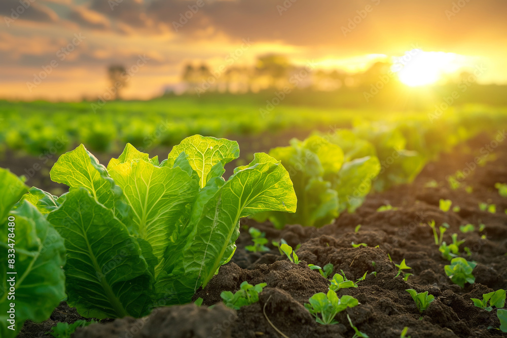 green salad with dew drops growing in the garden, field of fresh green lettuce growing at sunset, generative ai green salad with dew drops growing in the garden, field of fresh green lettuce growing at sunset, generative ai
