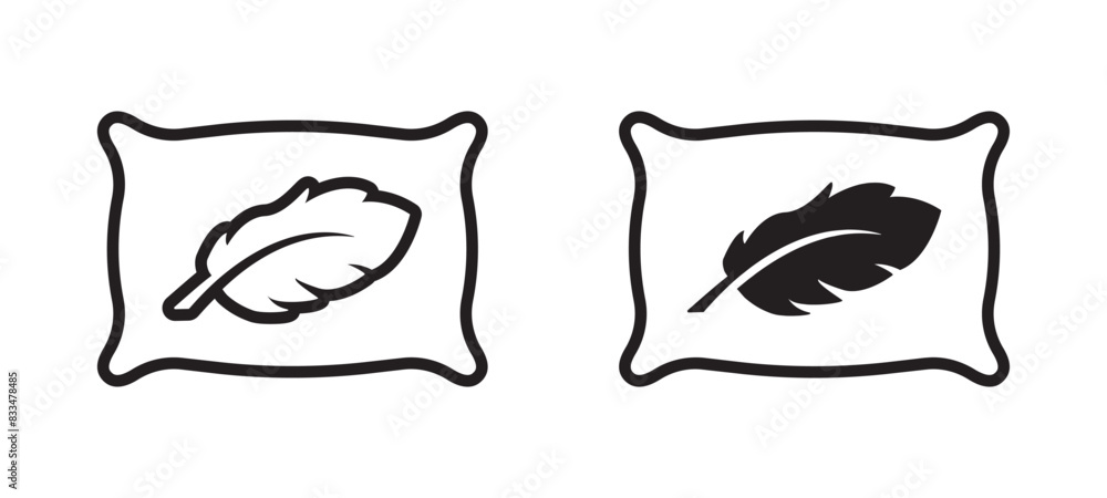 Pillow and feather icon. Soft and fluffy pillow. Bedding sign. Fuzzy, fabric textile or cotton bed vector illustration. Relax symbol. Pillow and feather icon. Soft and fluffy pillow. Bedding sign. Fuzzy, fabric textile or cotton bed vector illustration. Relax symbol.