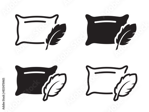 Pillow and feather icon. Soft and fluffy pillow. Fabric textile bedding sign. Fuzzy cotton bed vector illustration. Relax symbol.