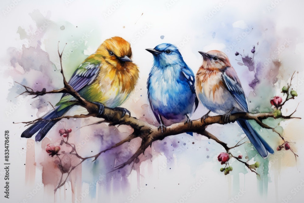 Elegant watercolor painting depicting three colorful birds perched on a flowering branch