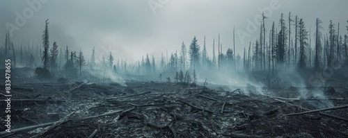 Desolate forest landscape with smoldering ashes and mist, capturing the aftermath of a devastating fire in a foggy, eerie setting. photo