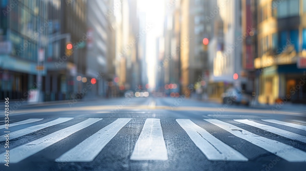 Empty city street with crosswalk and tall buildings in the background, showcasing urban architecture and early morning light. Empty city street with crosswalk and tall buildings in the background, showcasing urban architecture and early morning light.
