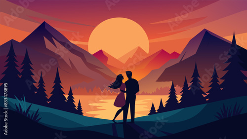 In a picturesque mountain setting a pair of lovers renew their commitment to each other as the sun sets in the background.. Vector illustration
