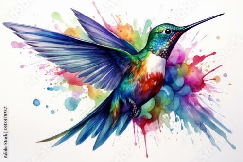 Striking illustration of a vibrant hummingbird amid dynamic watercolor splashes