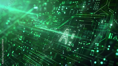 Green AI text with digital and futuristic elements glowing in the dark, artificial intelligence banner technology, data science and innovation web internet cyber space.