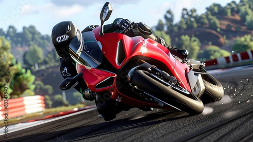 motorcycle racing, with a dynamic action shot of the bike speeding down a racetrack, capturing the essence of speed and precision.