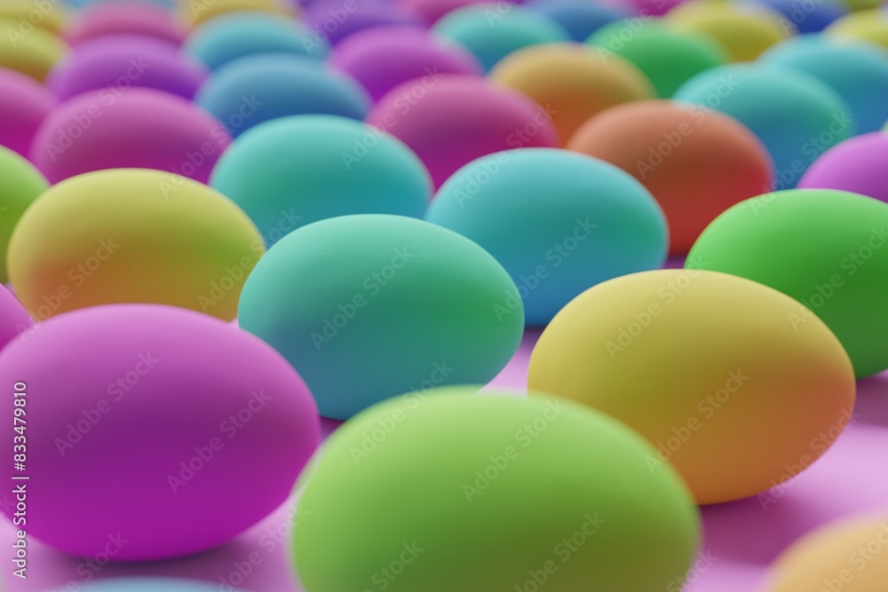 Many colorful eggs on violet background. Closeup view, macro shot, selective focusmacro shot. 3d render, illustration Many colorful eggs on violet background. Closeup view, macro shot, selective focusmacro shot. 3d render, illustration