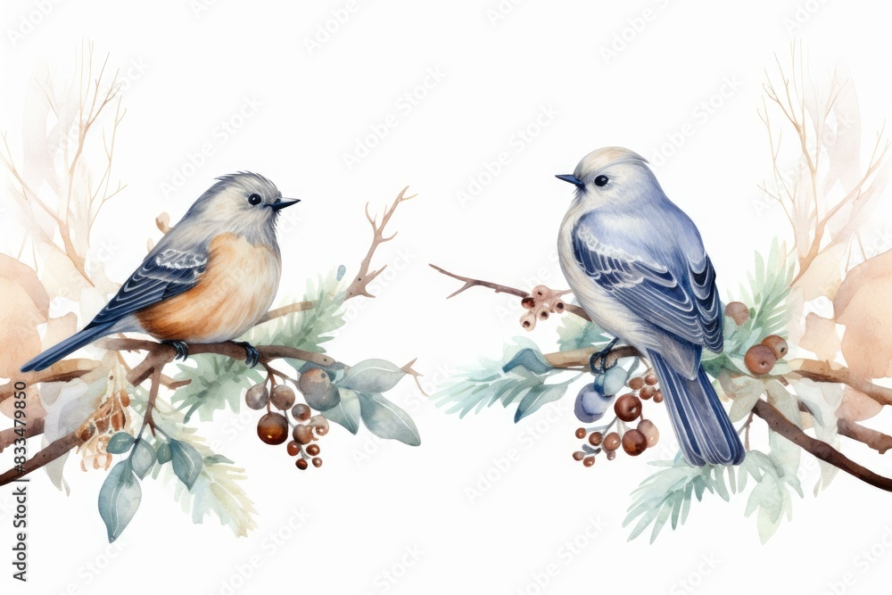 Fototapeta premium Elegant watercolor illustration featuring a pair of birds amidst foliage and berries