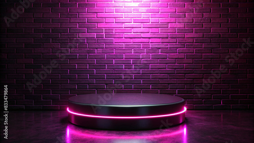 matte black product podium against brick wall background with neon pink light on top