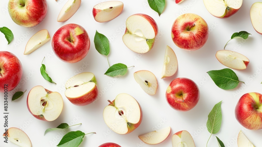 A composition of whole and sliced apples spread across a white background, showcasing their freshness and inviting texture A composition of whole and sliced apples spread across a white background, showcasing their freshness and inviting texture