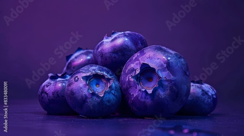 Cluster of vibrant blueberries against a deep purple background, emphasizing their rich color. Perfect for food and nutrition themes photo