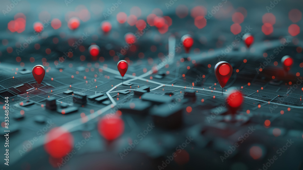 Red pins on a black city map indicating city routes and destinations. Concept of logistics, connection, navigation and travel. Red pins on a black city map indicating city routes and destinations. Concept of logistics, connection, navigation and travel.