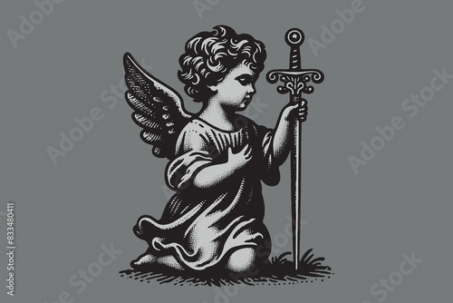 Little cute guardian angel. Defender with a sword. Holy protection.
Vintage engraving black vector illustration, isolated object, sketch, emblem, logo