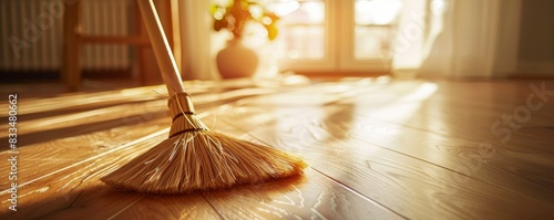 Sunlit room with a wooden floor being swept clean, creating a warm and inviting atmosphere of cleanliness and care. photo