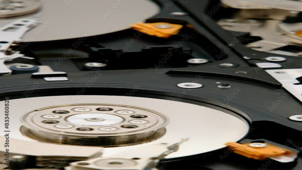 Disassembled hard drive from the computer, hdd with mirror effect. Opened hard drive from the computer hdd with mirror effects. Part of computer pc, laptop Disassembled hard drive from the computer, hdd with mirror effect. Opened hard drive from the computer hdd with mirror effects. Part of computer pc, laptop