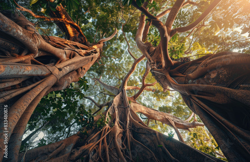 The view from the ground looking up at banyan trees with wide roots  green leaves and thick trunks. The perspective shows that you can see several tree trunks in close distance and their branches