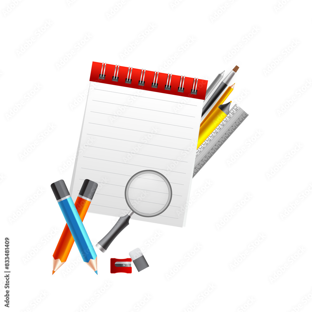 Blank notebook with school supplies elements on png background, Back To School Concept. Blank notebook with school supplies elements on png background, Back To School Concept.