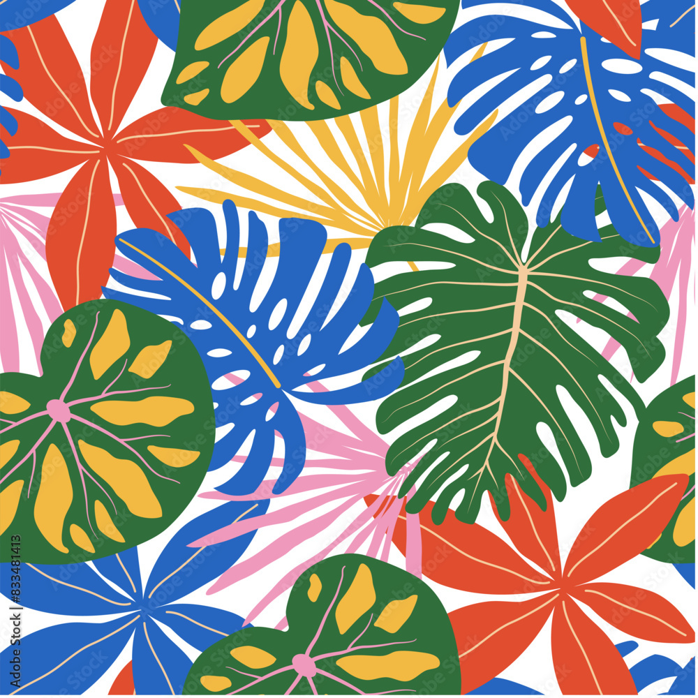 Abstract seamless tropical pattern with bright plants and leaves on a white background. Jungle leaf seamless vector floral pattern background. Beautiful exotic plants. Abstract seamless tropical pattern with bright plants and leaves on a white background. Jungle leaf seamless vector floral pattern background. Beautiful exotic plants.