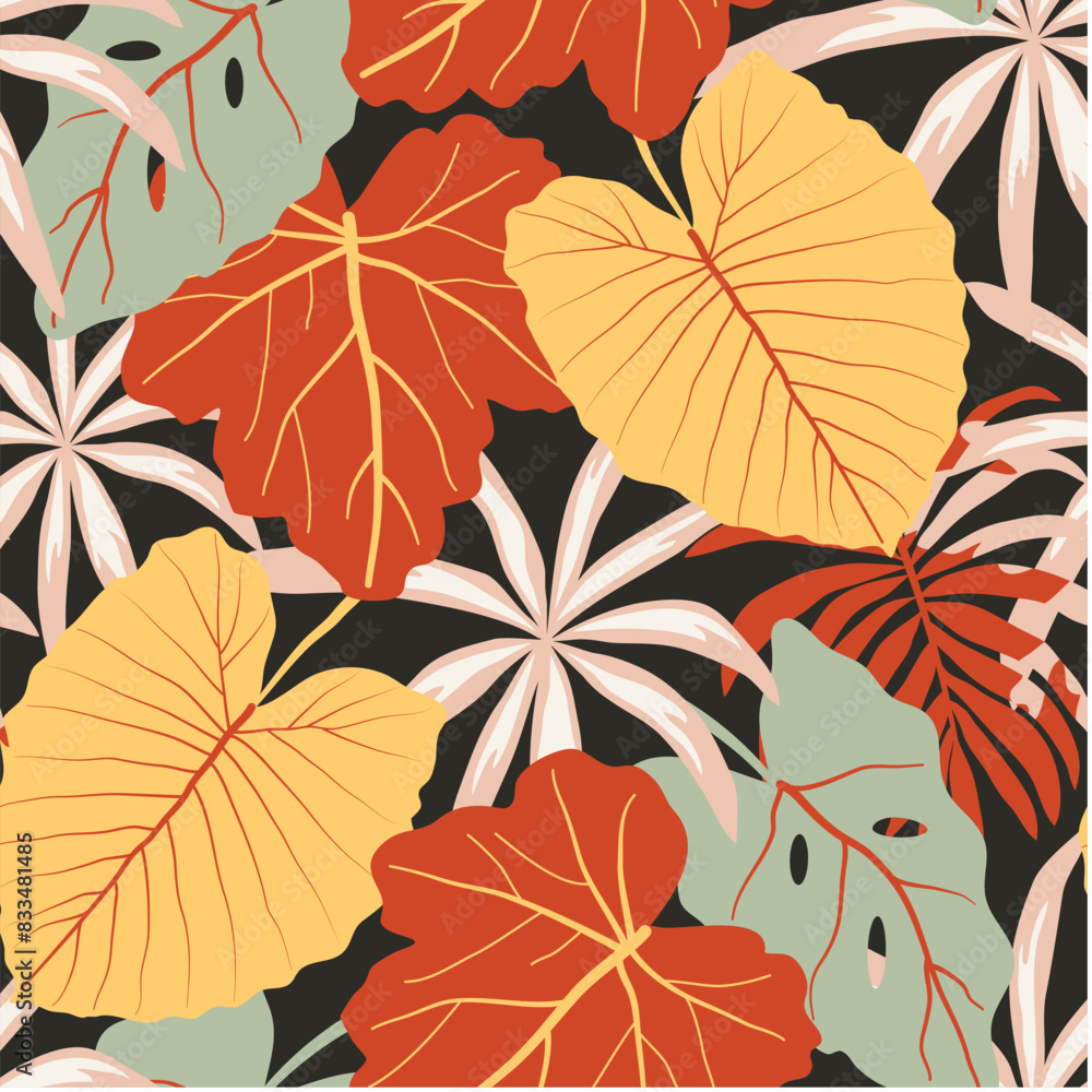 Obraz premium Abstract seamless tropical pattern with bright plants and leaves on a dark green background. Summer colorful hawaiian seamless pattern with tropical plants. Printing and textiles.
