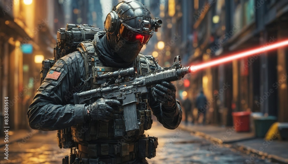 A cyber warrior with a cloaking system and laser weapons, leading a covert operation to rescue hostages from a corporate stronghold. A cyber warrior with a cloaking system and laser weapons, leading a covert operation to rescue hostages from a corporate stronghold.