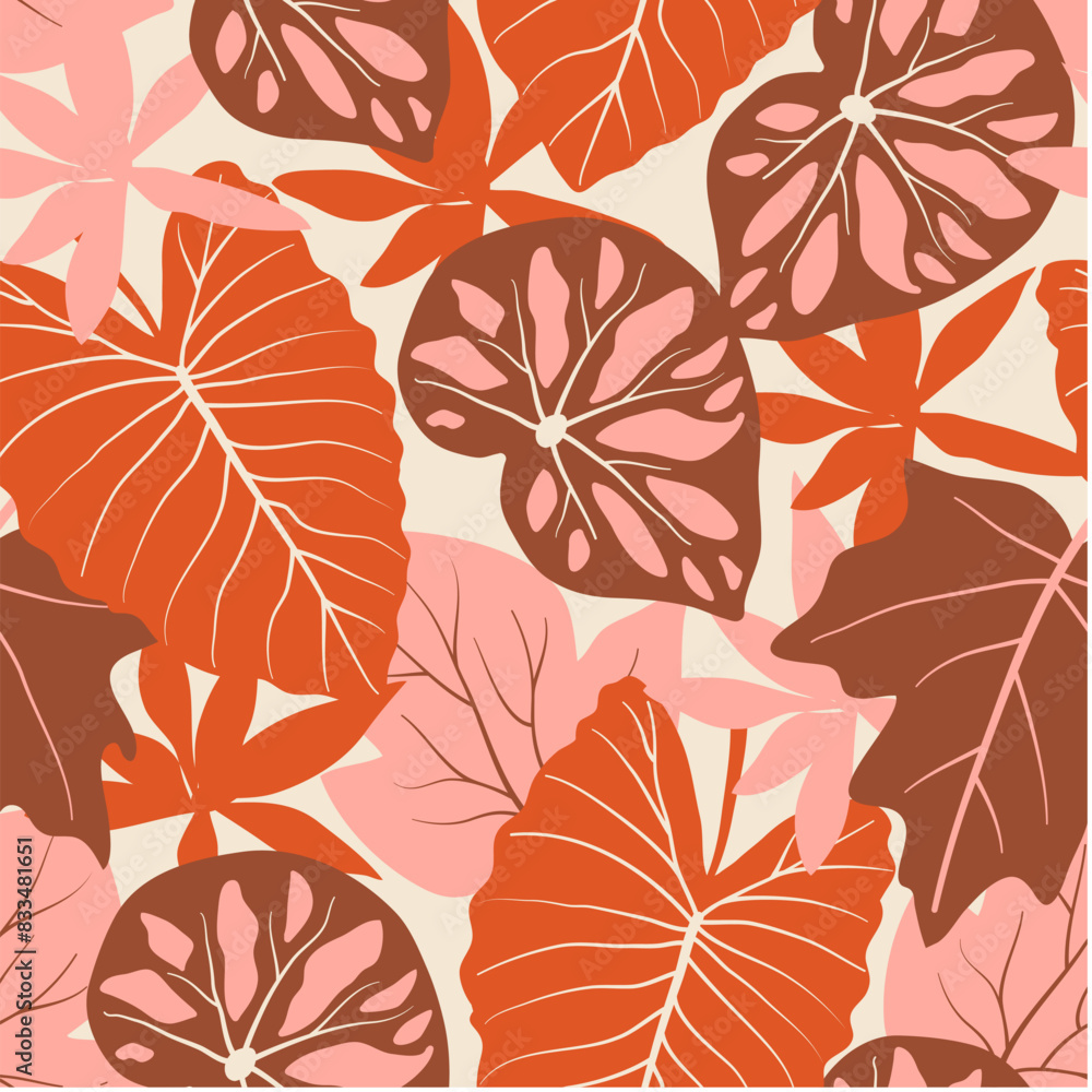 Obraz premium Abstract seamless tropical pattern with bright plants and leaves on a beige background. Exotic tropics. Summer. Jungle leaf seamless vector floral pattern background.