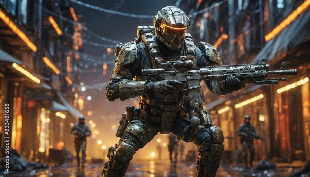 Cyber warriors in camouflage stand guard. In a battle-ready pose armed with rifle at night Cyber warriors in camouflage stand guard. In a battle-ready pose armed with rifle at night