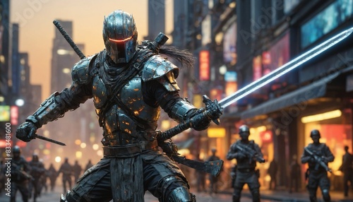 A cyber warrior with glowing katana stands in the middle of a battle, defending a group of rebels in a futuristic cityscape.