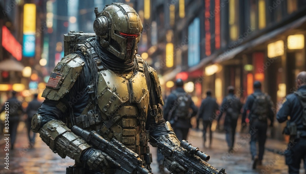 A cyber warrior in a golden suit with a red visor stands in a city street, armed with a rifle and a backpack, leading a covert strike team. A cyber warrior in a golden suit with a red visor stands in a city street, armed with a rifle and a backpack, leading a covert strike team.