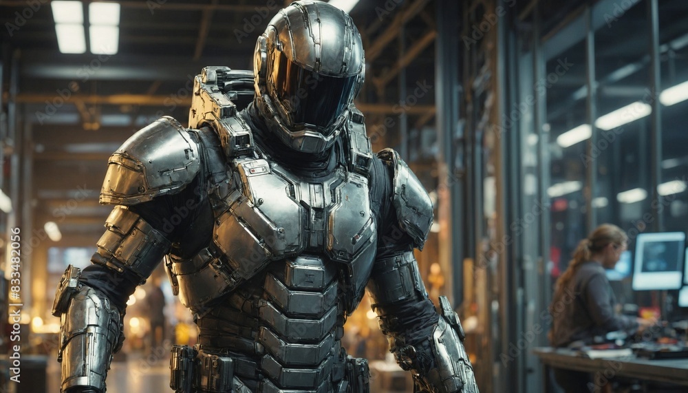 A cyber warrior in a sleek, armored suit stands in a dimly lit lab A cyber warrior in a sleek, armored suit stands in a dimly lit lab