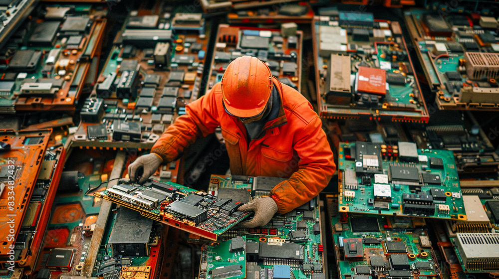Dedicated Worker Sorting Electronic Waste A Focus on Recycling and Sustainability Efforts in an E-Waste Management Facility Highlighting Environmental Responsibility and Resource Recovery Wallpaper Dedicated Worker Sorting Electronic Waste A Focus on Recycling and Sustainability Efforts in an E-Waste Management Facility Highlighting Environmental Responsibility and Resource Recovery Wallpaper