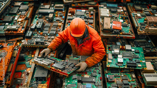 Dedicated Worker Sorting Electronic Waste A Focus on Recycling and Sustainability Efforts in an E-Waste Management Facility Highlighting Environmental Responsibility and Resource Recovery Wallpaper