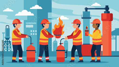 Employees participate in a handson fire extinguisher training as part of a larger refinery safety drill.. Vector illustration